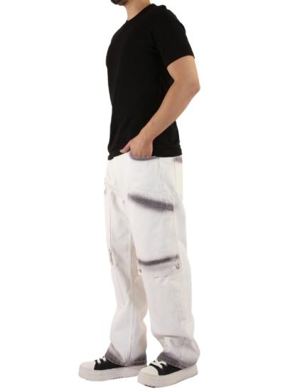 Denim Bol Cepli Düğme Gri Detaylı Wide Leg Beyaz Pantolon