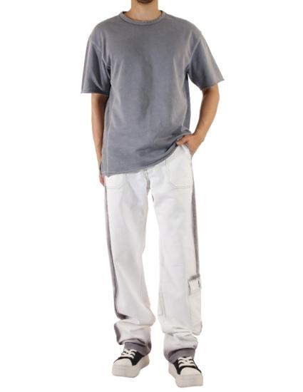Denim Beyaz - Gri Şeritli Paça Cep Detaylı Wide Leg Pantolon
