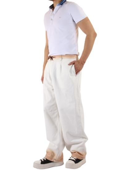 Kahverengi Bel - Paça - Cep Detaylı Beyaz Wide Leg Pantolon