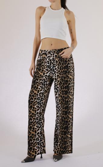 Leopar Desenli Bol Paça Denim Pantolon 